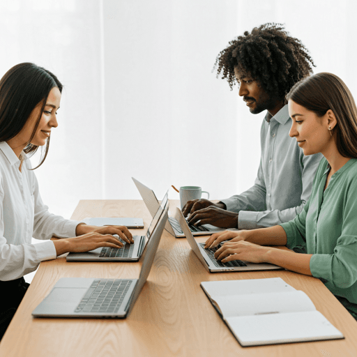 Zespół pracujący przy laptopach w nowoczesnym biurze